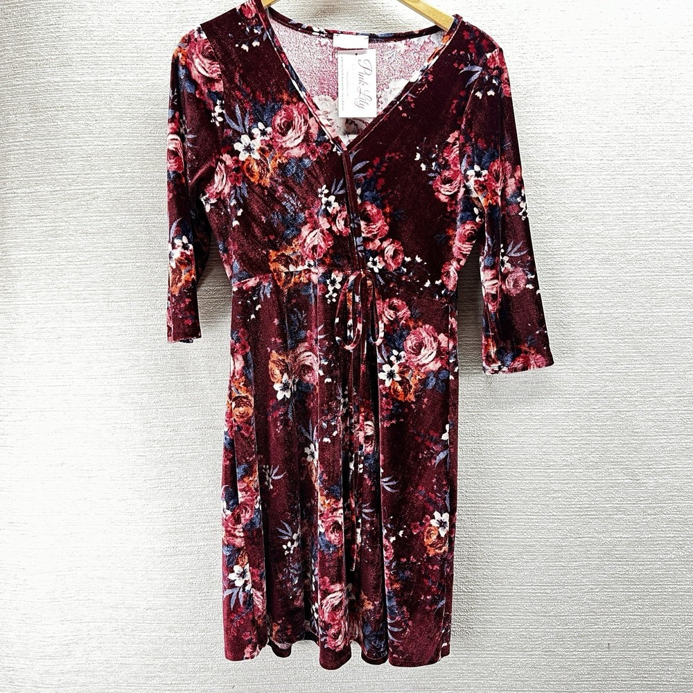 Pink Lily Crimson Y2K Velvet Midi Dress Size M Floral Romantic Soft Victorian